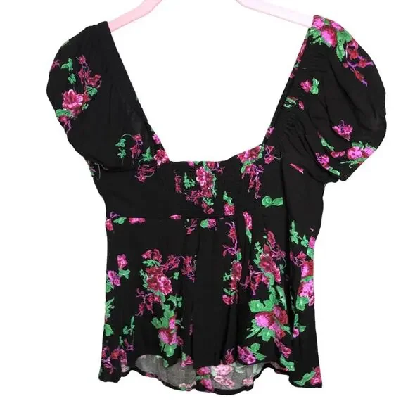Free People Close To You Floral Puff Sleeve Button Down Top Charcoal Size XS - Picture 2 of 4